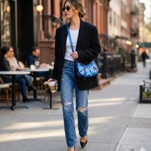 Metallic Blue Crescent Shoulder Bag | Y2K Crossbody Purse